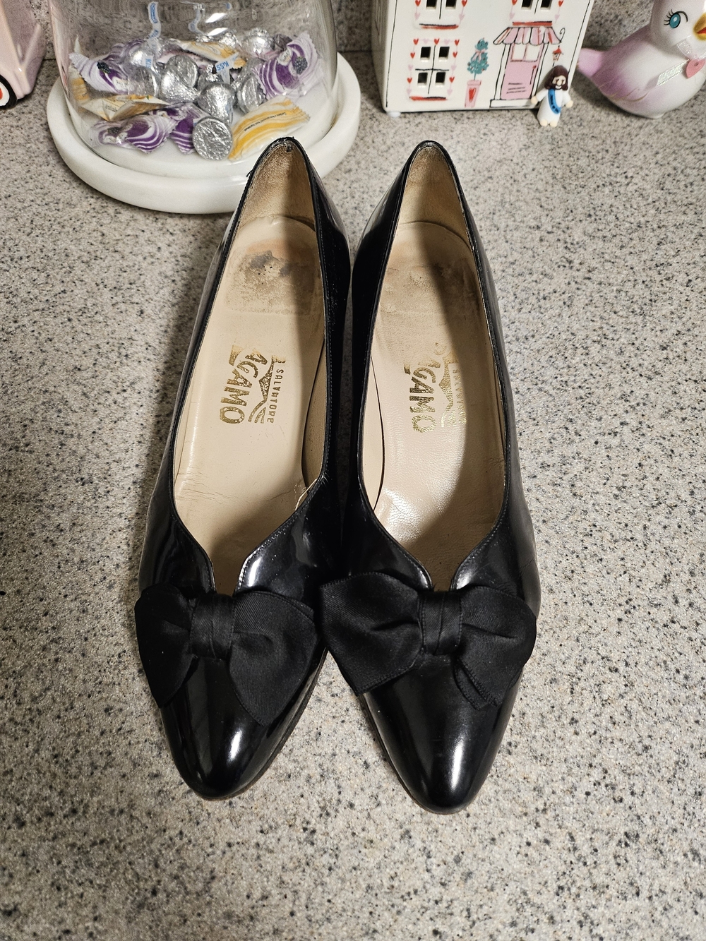 Salvatore Ferragamo Black Patent Leather Bow Pumps